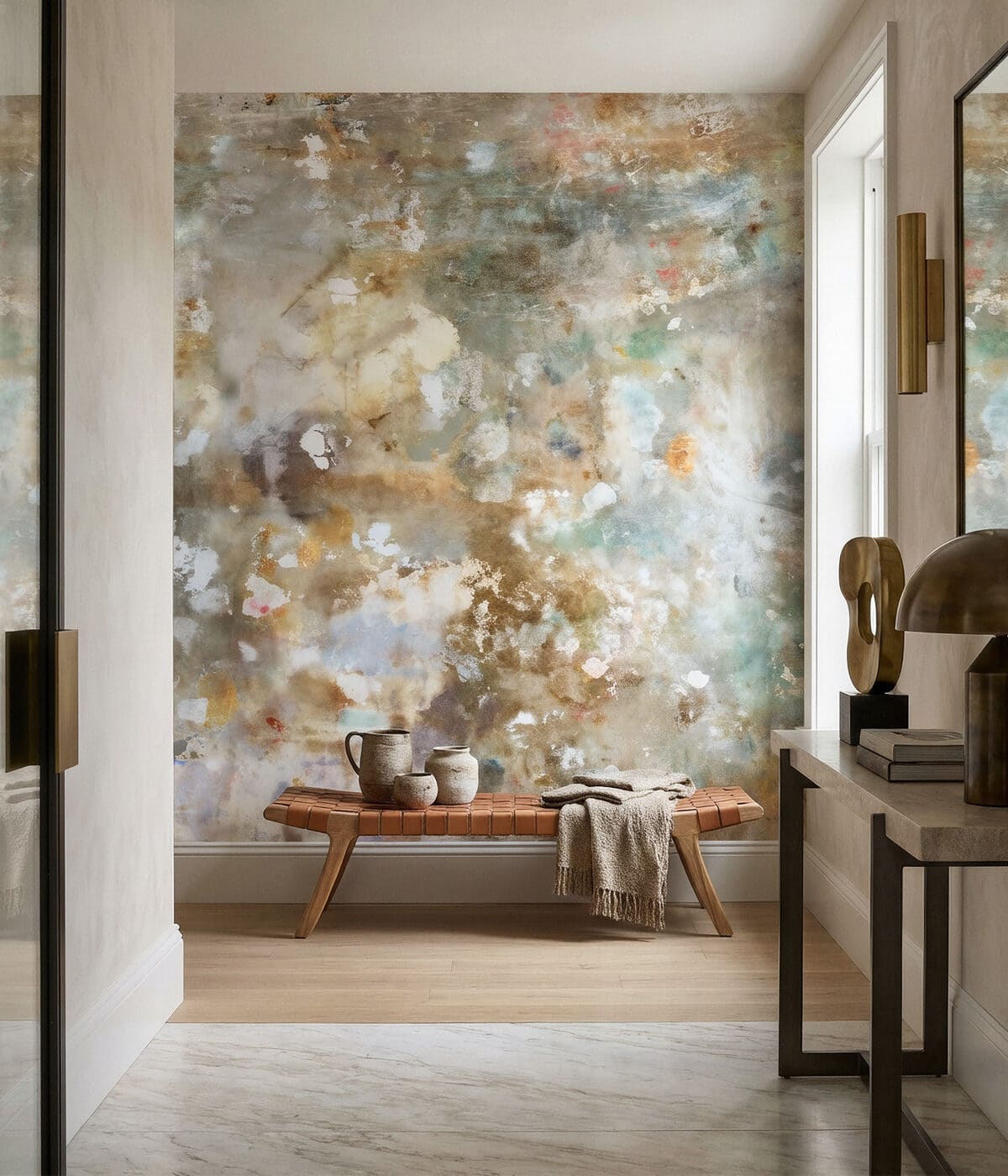Large-scale designer mural wallpaper installed in a refined Oakland interior