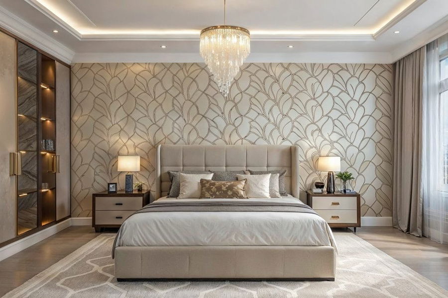 Designer wallpaper used to add depth to an elegant interior room