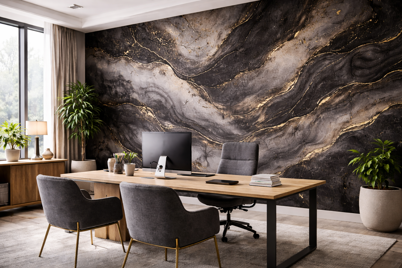 Bold feature wall with dramatic wallcovering in a modern workspace